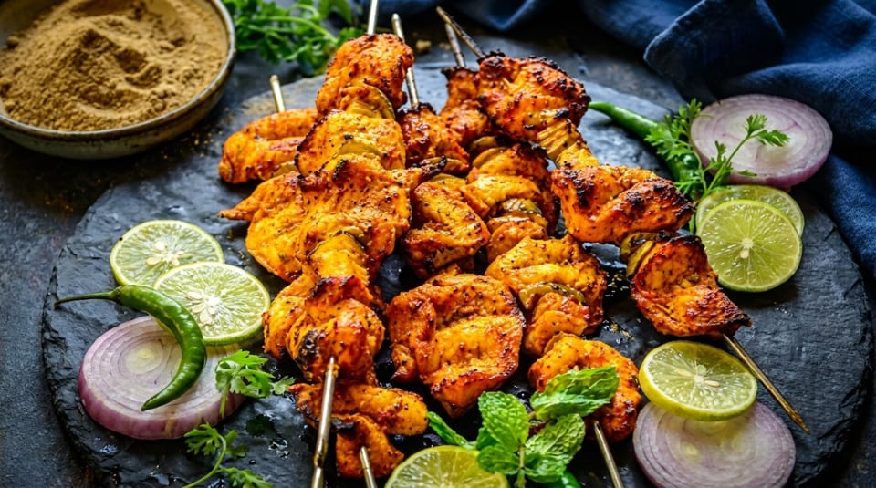 Grilled chicken tikka skewers with lime, red onion, green chili, and mint on a dark platter.