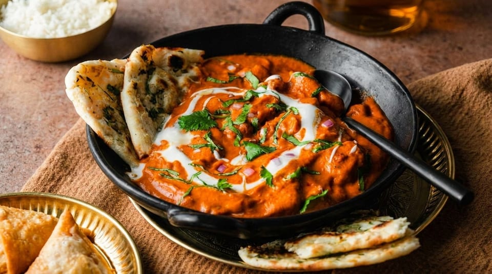 Butter chicken with naan bread, rice, and samosas on a rustic table.