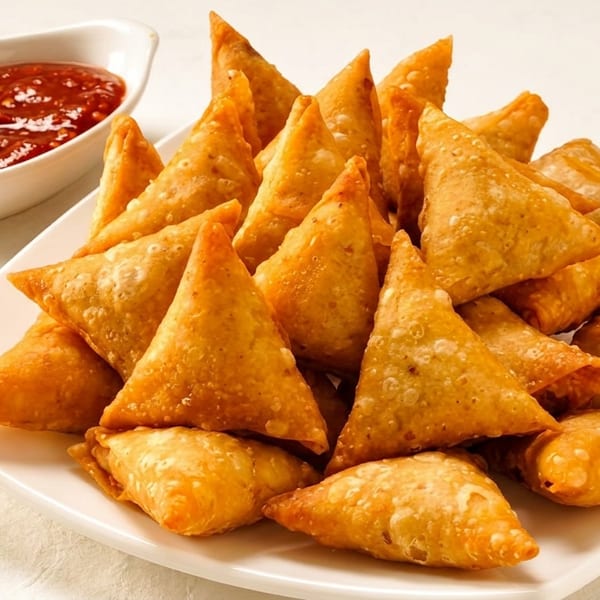 A plate piled high with golden-brown, crispy samosas next to a bowl of red dipping sauce.